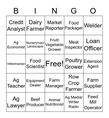 Agriculture Careers Bingo Card