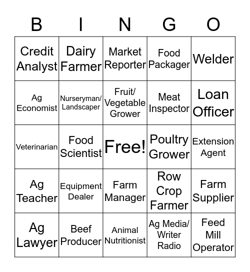 Agriculture Careers Bingo Card