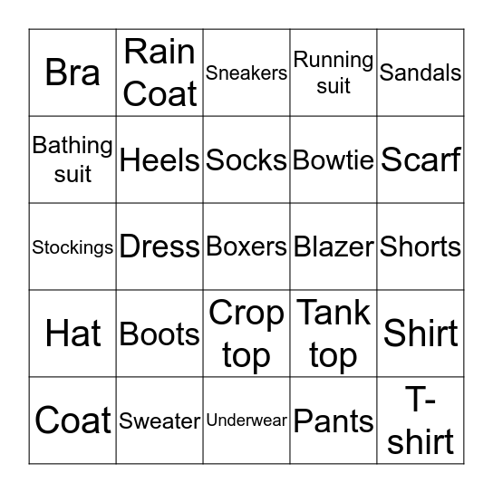 What to Wear Bingo Card