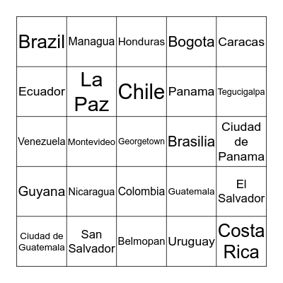 Central & South American Countries/Capitals Bingo Card