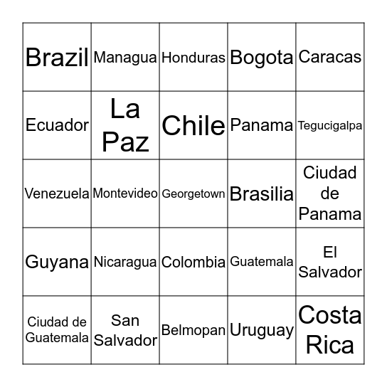 Central & South American Countries/Capitals Bingo Card