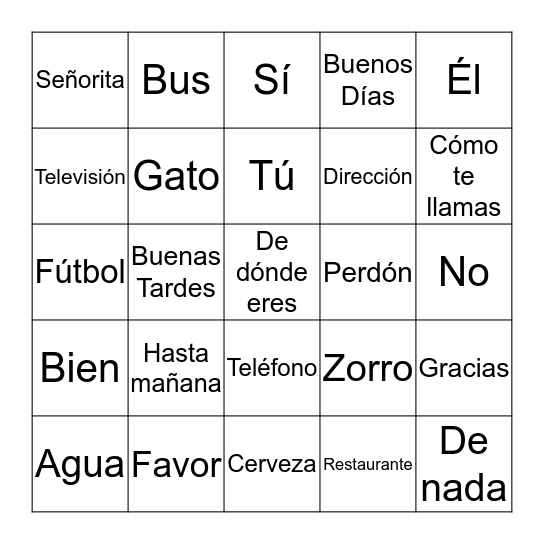 Spanish Words Bingo Card