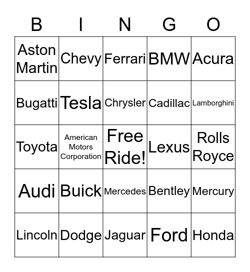 Cars  Bingo Card