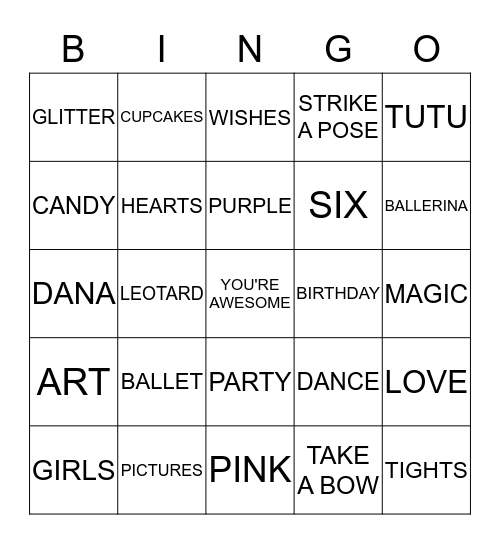 Dana's 6th Birthday Party Bingo Card