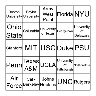 Popular Colleges Bingo Card