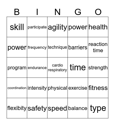 physical fitness Bingo Card