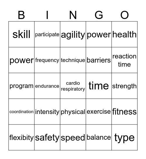 physical fitness Bingo Card