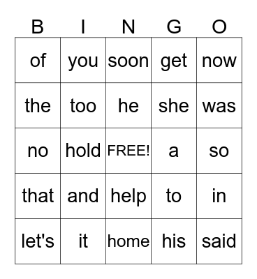 SIGHT WORDS BINGO Card