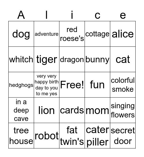 Alice in wonder land Bingo Card