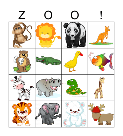 Zoo Animals Bingo Card