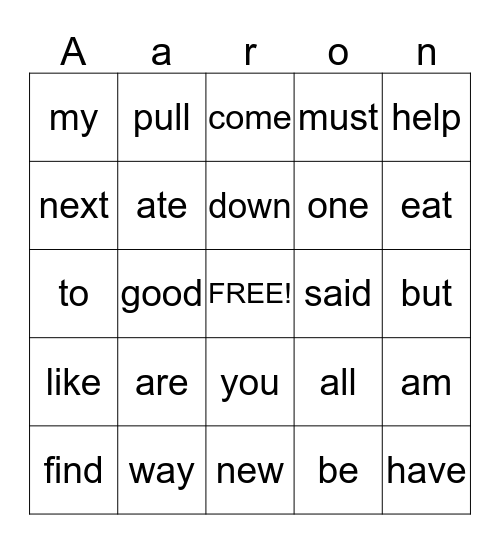 WORDS FOR AARON Bingo Card