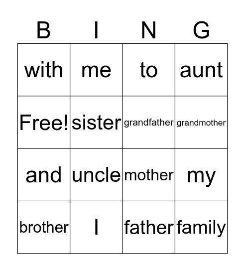 Family Theme Bingo Card