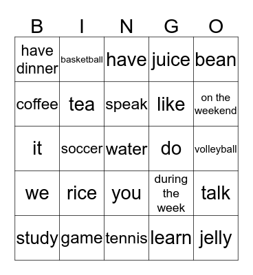 English Bingo Card