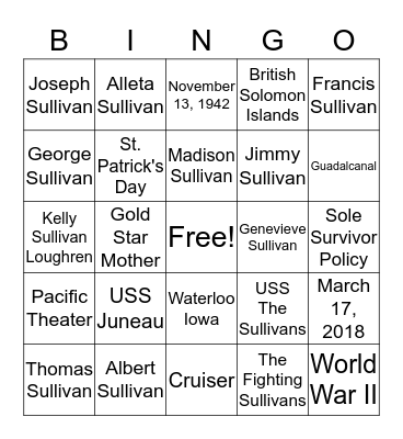 USS Juneau and Sullivan Brothers Bingo Card