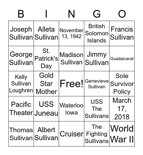 USS Juneau and Sullivan Brothers Bingo Card