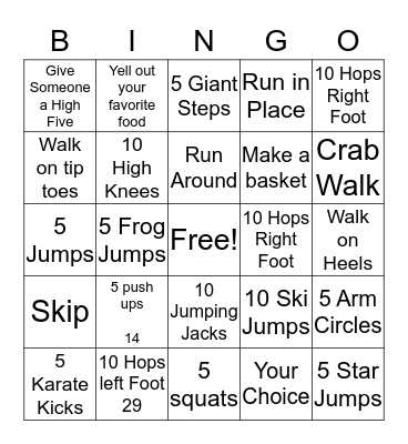 Physical Activity Bingo Card