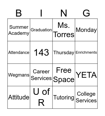 Hillside Work Scholarship Connection Bingo Card