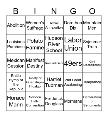 Manifest Destiny/Art, Lit, Music/Reform Movements Bingo Card