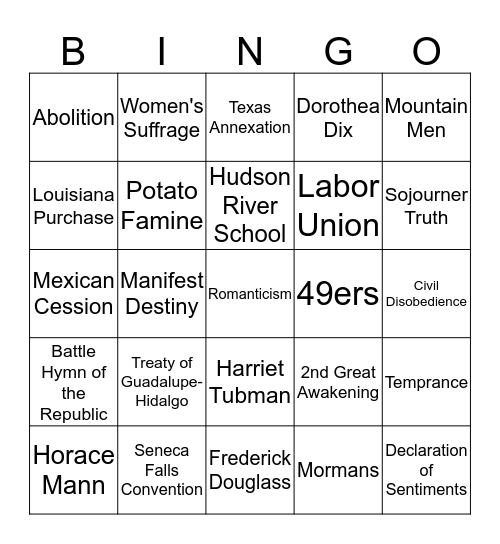 Manifest Destiny/Art, Lit, Music/Reform Movements Bingo Card