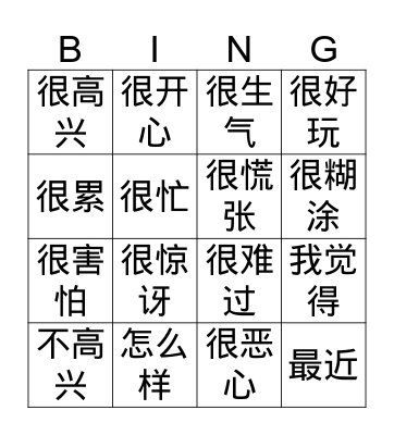 Emotional States (char) Bingo Card
