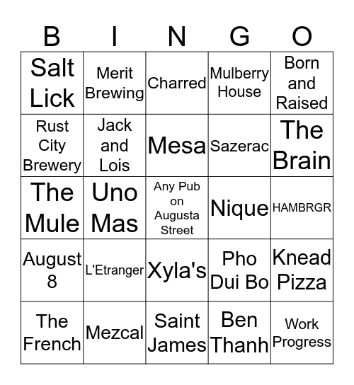Favorite Bars and Restaurants around James Street  Bingo Card