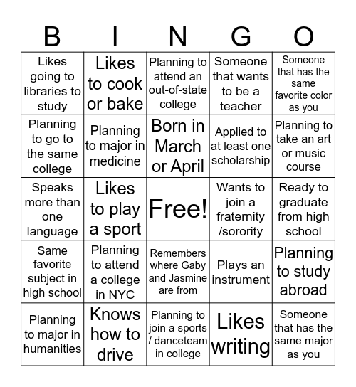 Making the Transition from High School to College Bingo Card