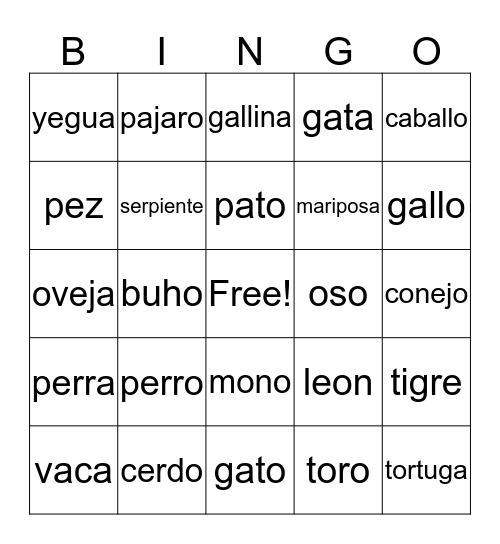 Los animales Bingo Card