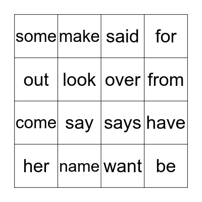 Sight Words 4 Bingo Card