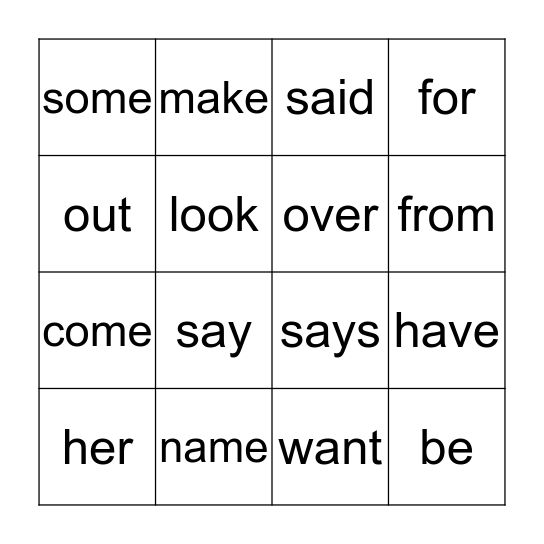 Sight Words 4 Bingo Card
