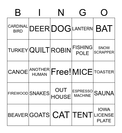 Wilderness Bingo Card