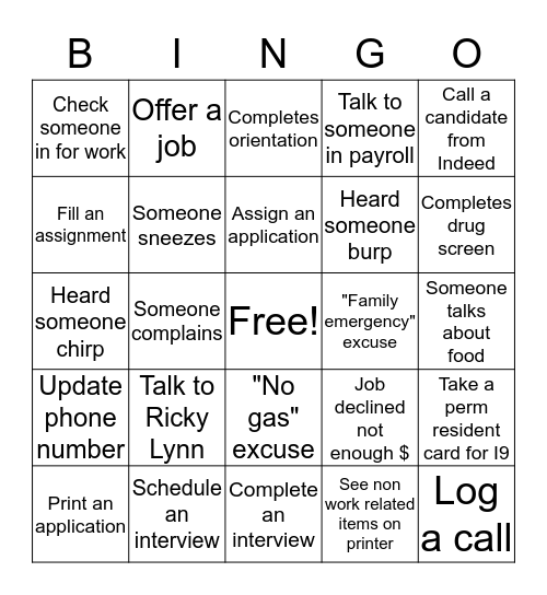 Team Staffing Bingo Card