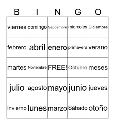 Los dias de la semana, los meses y las estaciones Bingo Card