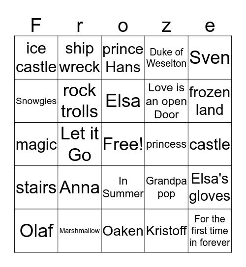 Frozen Bingo Card