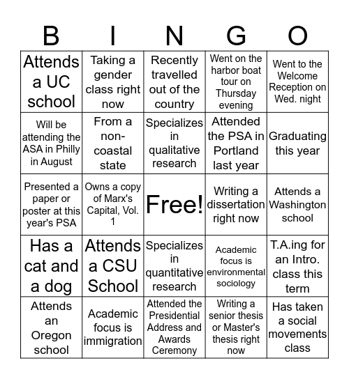 PSA BINGO Card