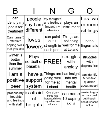 Mental Health Bingo Card