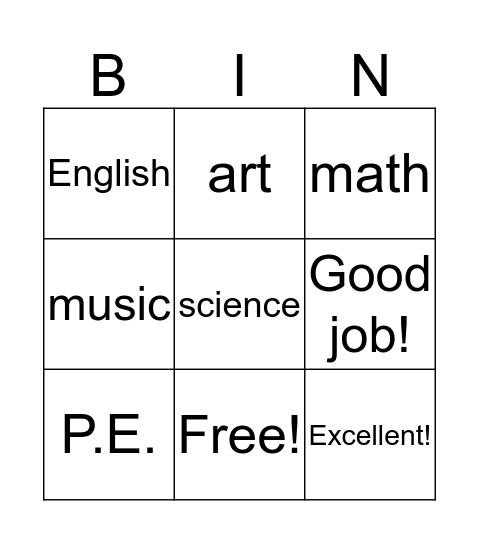 Lesson 2. I Like Math Bingo Card