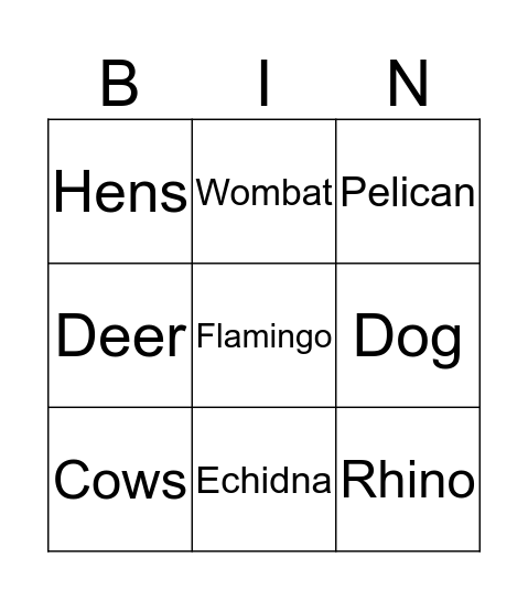 zoo Bingo Card