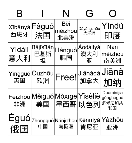 Countries & 7 Continents (char & pinyin) Bingo Card