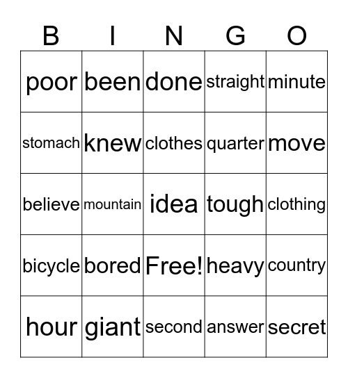 1R Tricky Words 1 Bingo Card