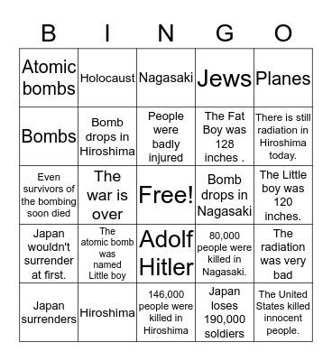 Hiroshima and Nakasaki Bingo Card