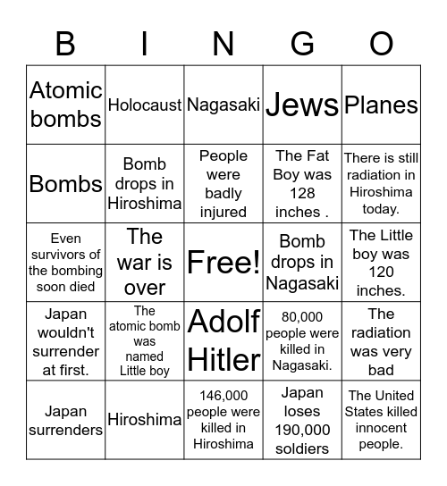Hiroshima and Nakasaki Bingo Card