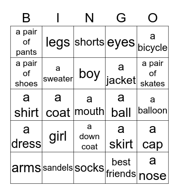Body&Clothes Bingo Card