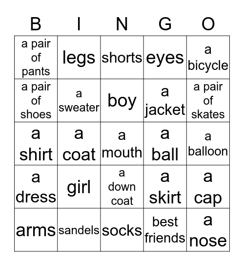 Body&Clothes Bingo Card