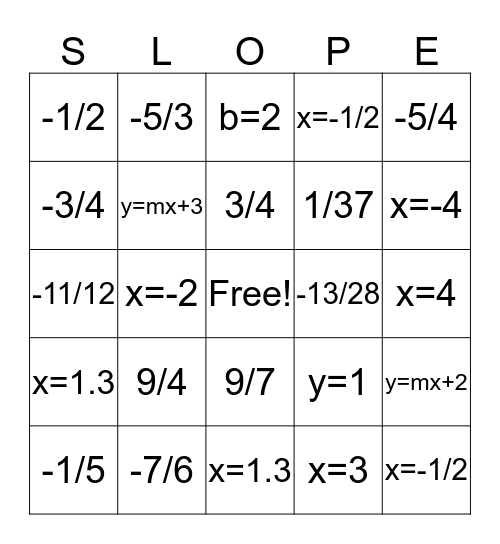 Slope Intercept Bingo Card