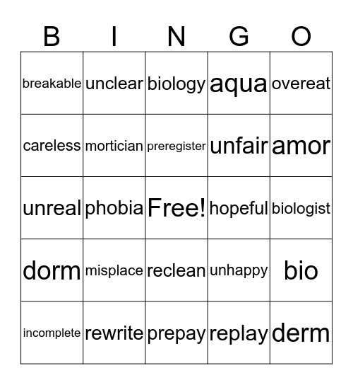 prefix and roots Bingo Card