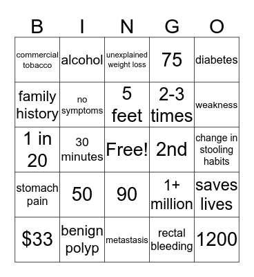 Colorectal Cancer Bingo Card