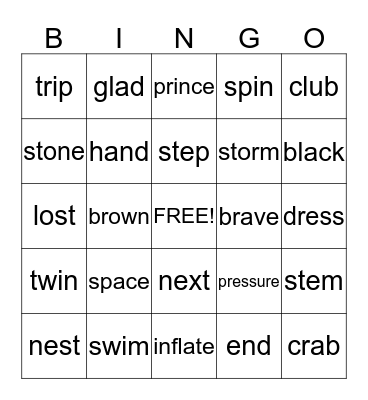 Spelling Words Bingo Card