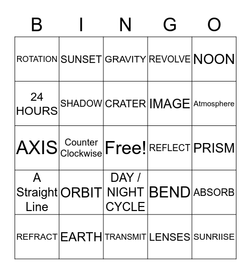 Light and Space Bingo Card