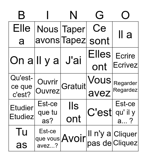 Avoir, questions, commands, c'est  Bingo Card