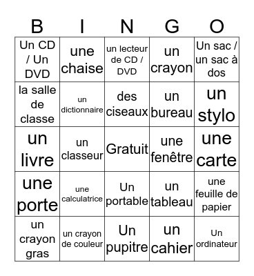 Les fournitures scolaires Bingo Card